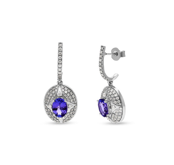 Blue Oval Tanzanite Stone With Round Natural Diamond White Gold Dangle Earrings