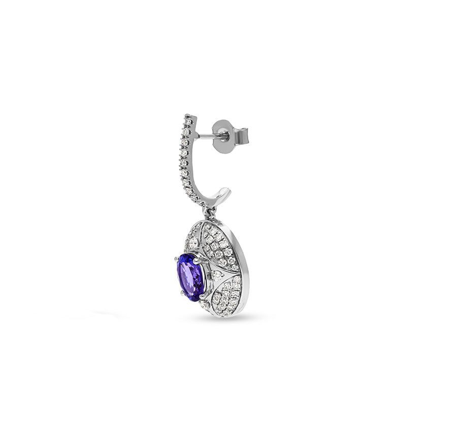 Blue Oval Tanzanite Stone With Round Natural Diamond White Gold Dangle Earrings