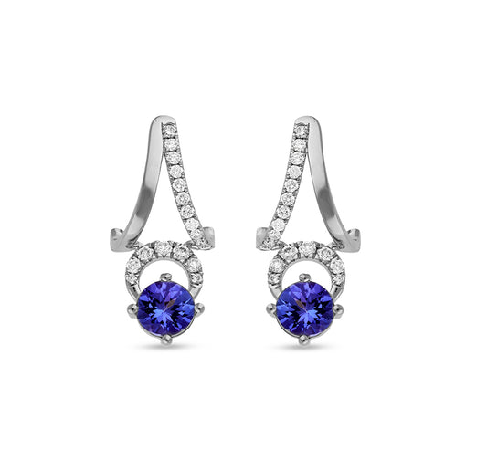 Blue Round Tanzanite Natural Diamond With Prong Setting White Gold Stud Earrings
