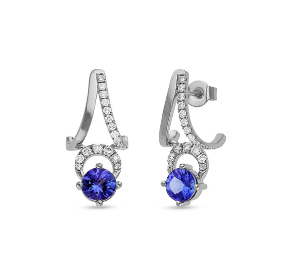 Blue Round Tanzanite Natural Diamond With Prong Setting White Gold Stud Earrings