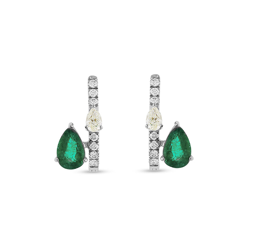 Green Pear Emerald Stone Natural Diamond Glossy White Gold Women Hoop Earrings