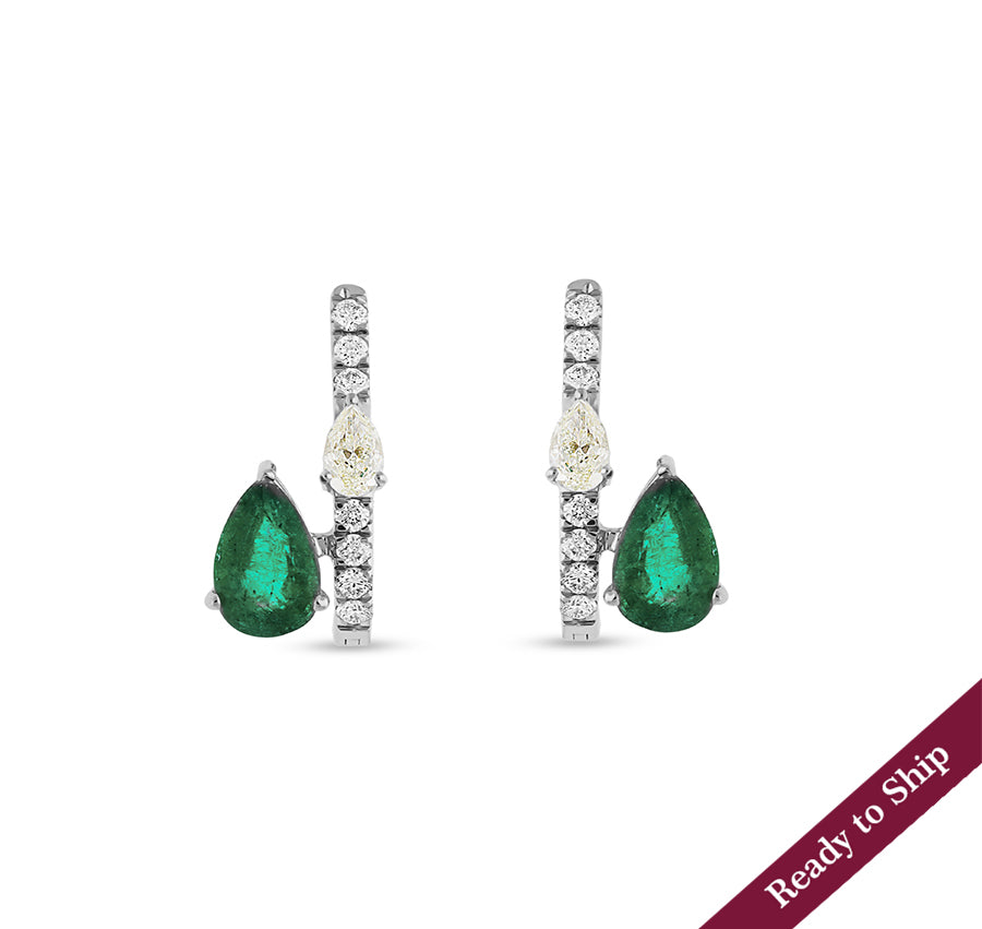 Green Pear Emerald With Round Natural Diamond White Gold Hoop Earrings