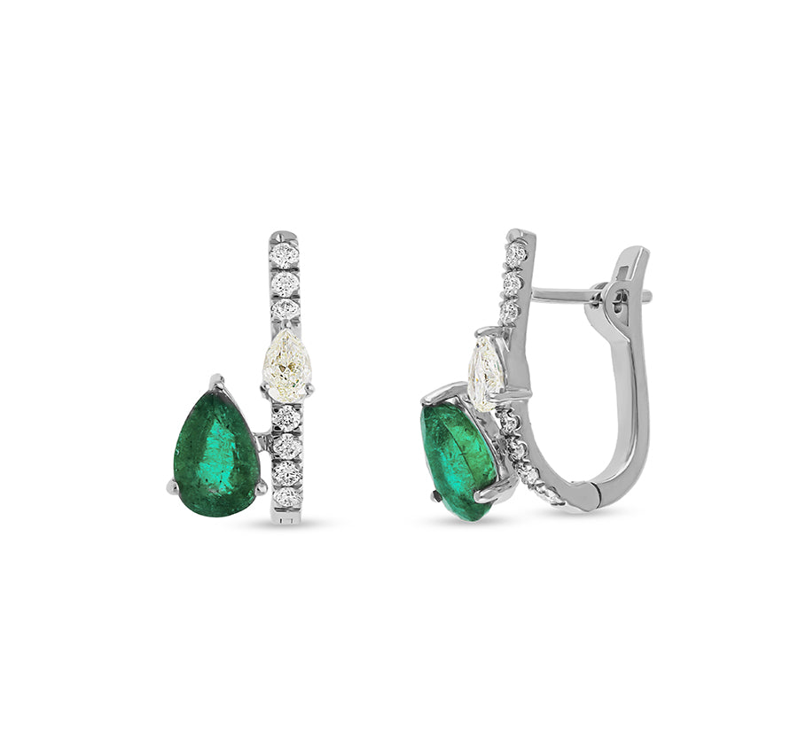 Green Pear Emerald With Round Natural Diamond White Gold Hoop Earrings