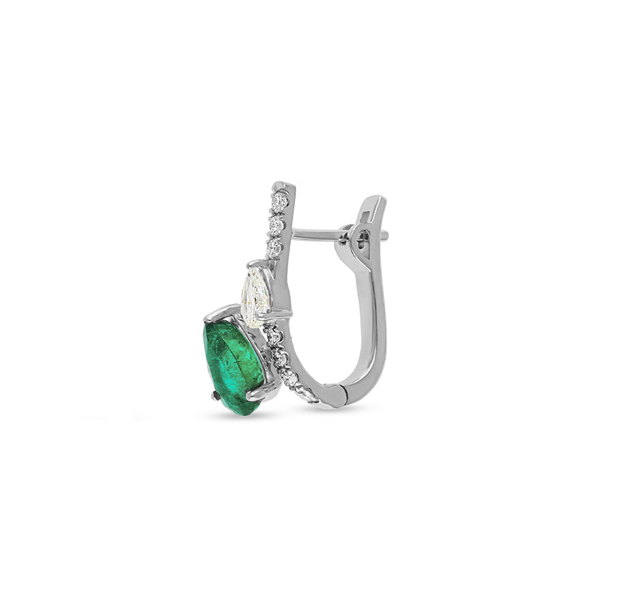 Green Pear Emerald With Round Natural Diamond White Gold Hoop Earrings