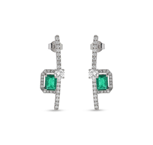 Green Emerald And Round Natural Diamond With Prong Set White Gold Stud Earrings