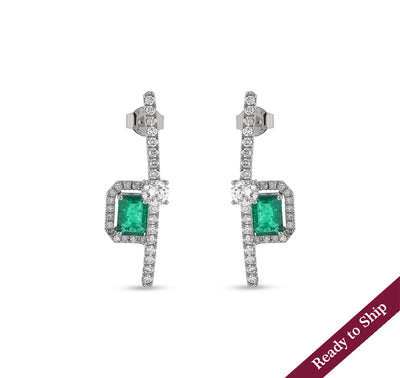 Green Emerald And Round Natural Diamond With Prong Set White Gold Stud Earrings