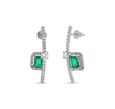 Green Emerald And Round Natural Diamond With Prong Set White Gold Stud Earrings