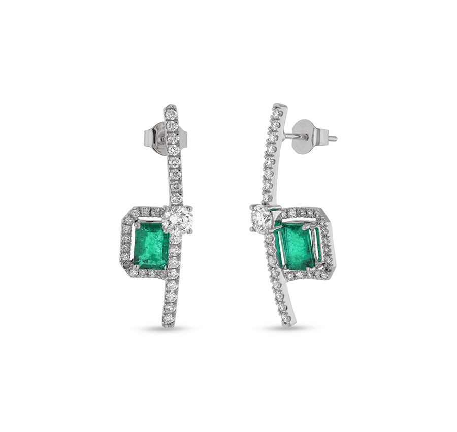 Green Emerald And Round Natural Diamond With Prong Set White Gold Stud Earrings