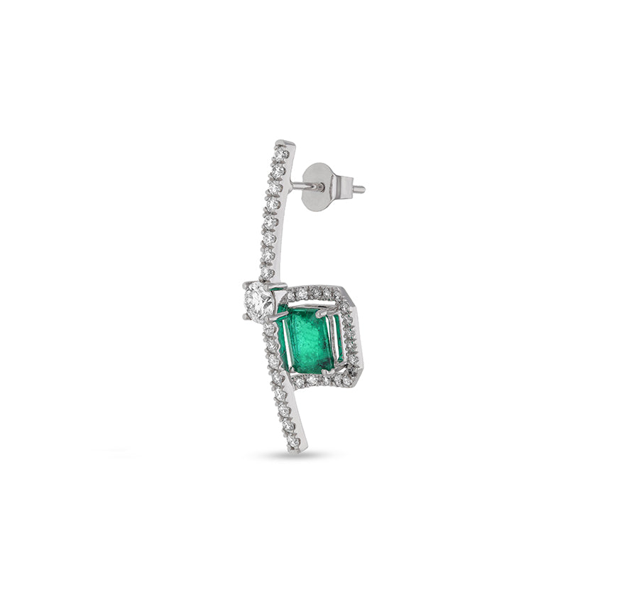 Green Emerald And Round Natural Diamond With Prong Set White Gold Stud Earrings