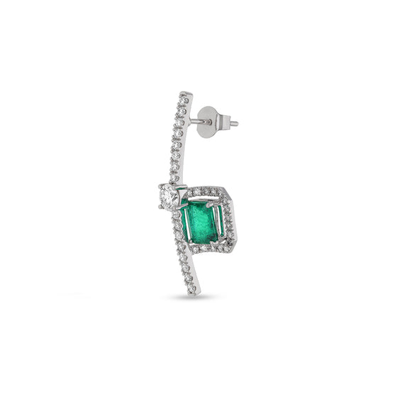 Green Emerald And Round Natural Diamond With Prong Set White Gold Stud Earrings