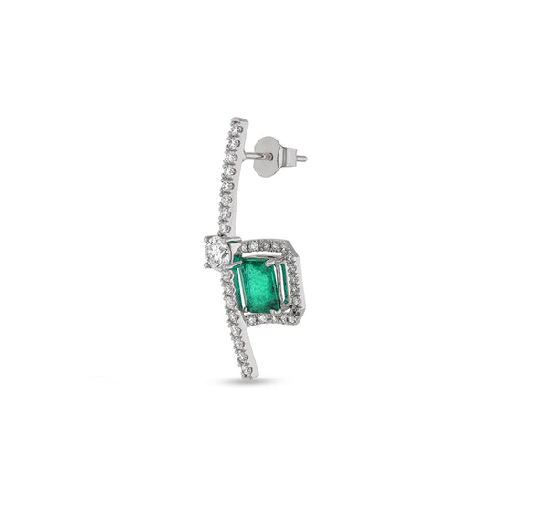 Magnificent Green Emerald and Round Natural Diamond White Gold Stud Earrings