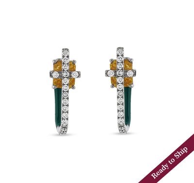 Green Enamel With Round And Emerald Diamond White Gold Hoop Earrings