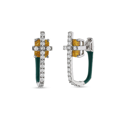 Green Enamel With Round And Emerald Diamond White Gold Hoop Earrings