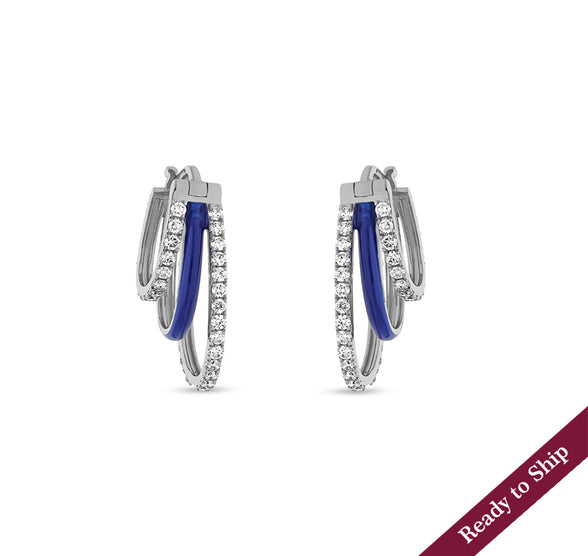 Blue Enamel With Round Natural Diamond White Gold Hoop Earrings