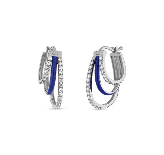 Blue Enamel With Round Natural Diamond White Gold Hoop Earrings