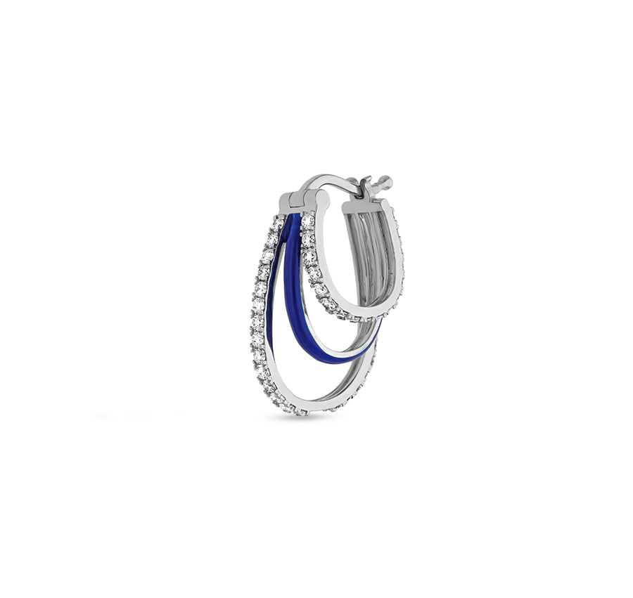 Blue Enamel With Round Natural Diamond Multi Layered White Gold Women Hoop Earrings