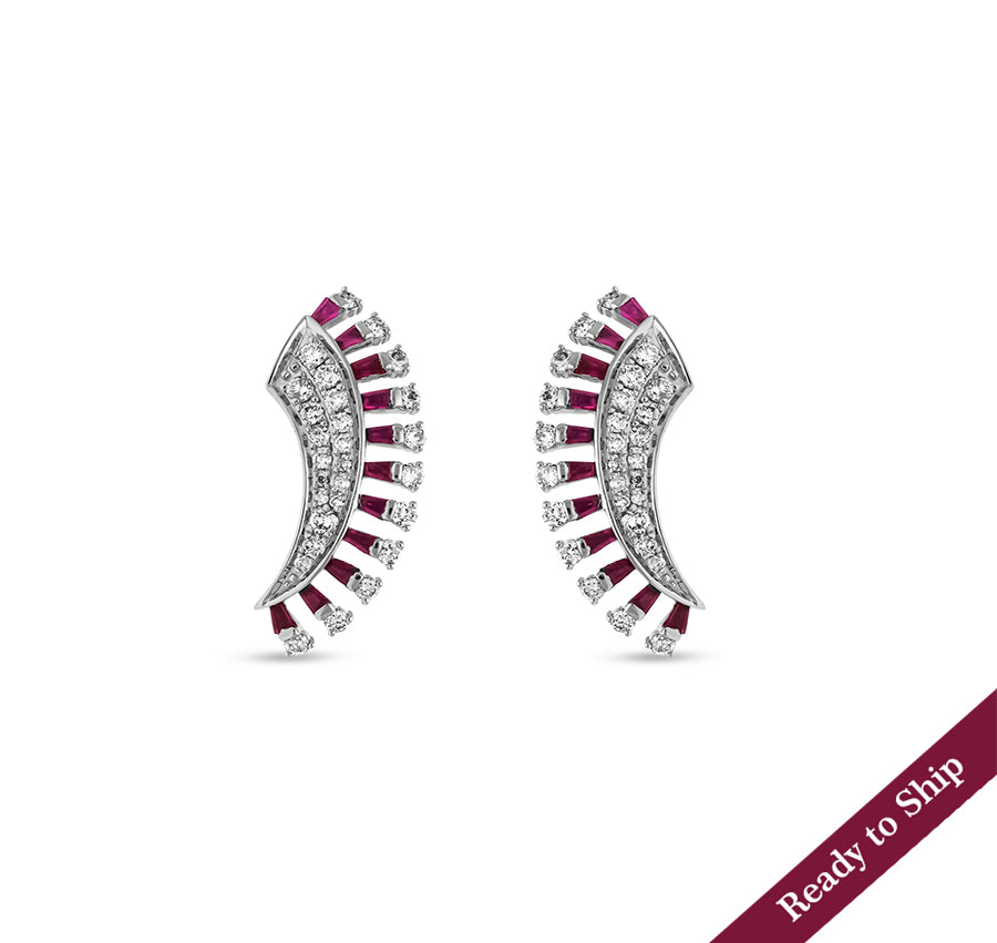 Red Ruby Baguette With Round Natural Diamond White Gold Stud Earrings