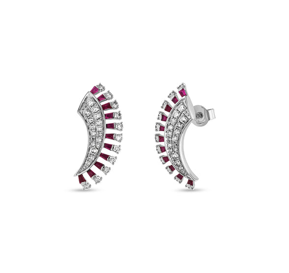 Red Ruby Baguette With Round Natural Diamond White Gold Stud Earrings
