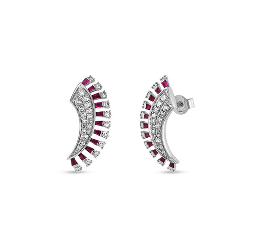 Red Ruby Baguette With Round Natural Diamond White Gold Stud Earrings