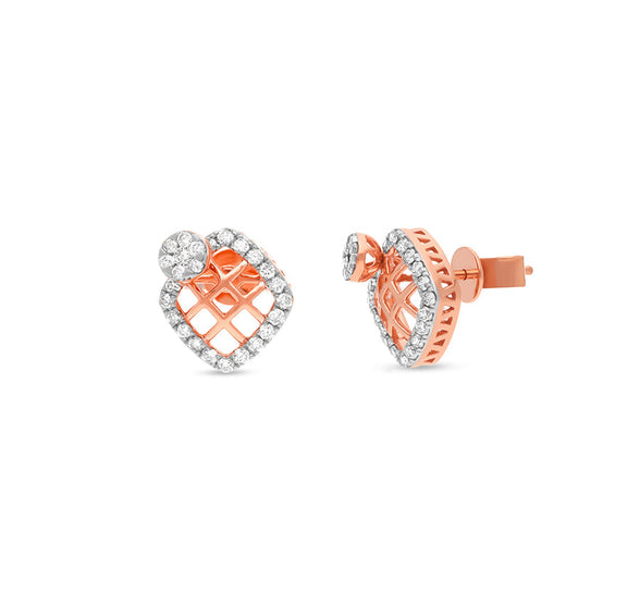 Rhombus Grid Shape Round Natural Cut Diamond Rose Gold Stud Earrings