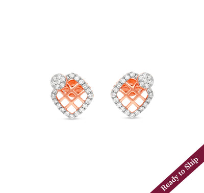 Rhombus Grid Shape Round Natural Cut Diamond Rose Gold Stud Earrings