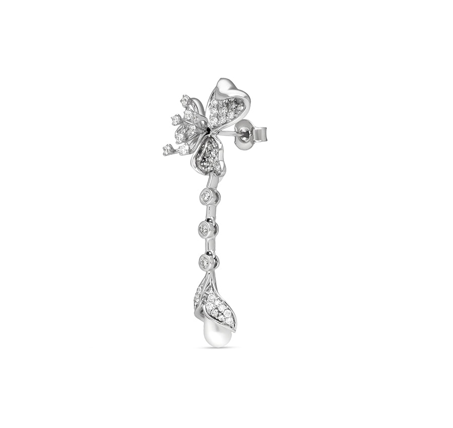 Floral Shape Round Natural Diamond Dangle Pal White Gold Earrings