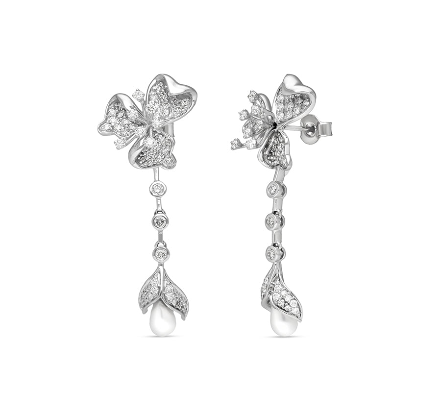 Floral Shape Round Natural Diamond Dangle Pal White Gold Earrings