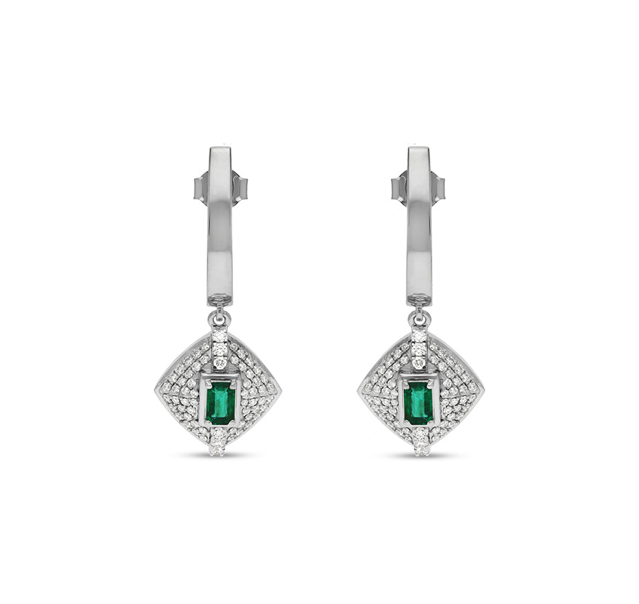 Rhombus Shape Round Natural With Green Emerald White Gold Dangle Earrings
