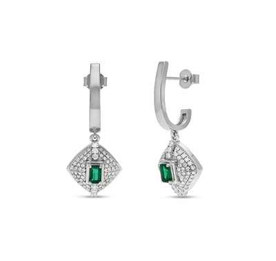 Rhombus Shape Round Natural With Green Emerald White Gold Dangle Earrings