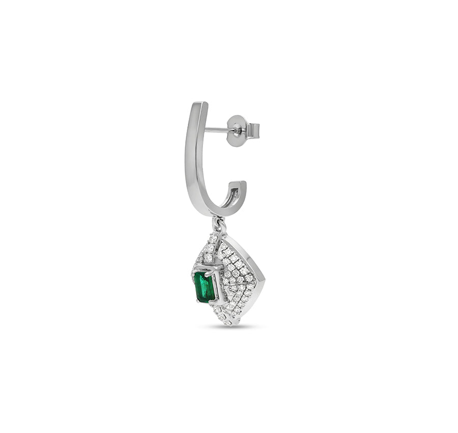 Rhombus Shape Round Natural With Green Emerald White Gold Dangle Earrings