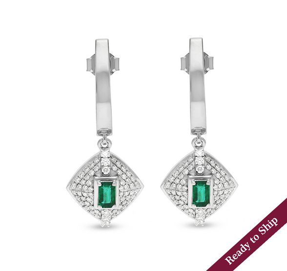 Rhombus Shape Round Natural With Green Emerald White Gold Dangle Earrings