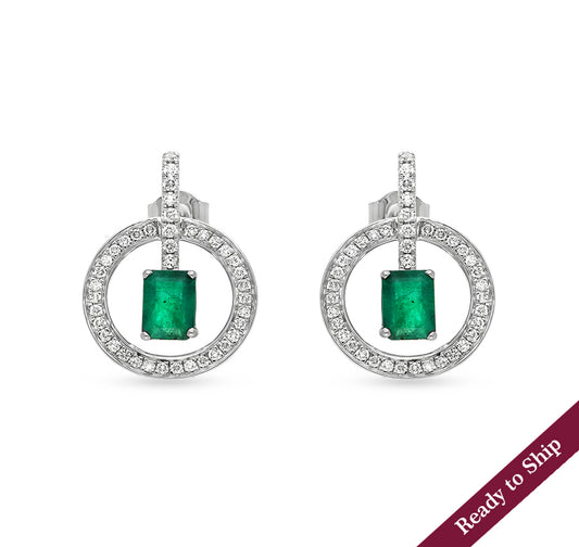 Circle Shape Round Natural Diamond And Green Emerald Cut With Prong Set Stud Earrings