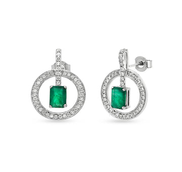 Circle Shape Round Natural Diamond And Green Emerald Cut With Prong Set Stud Earrings