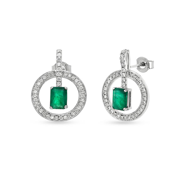 Circle Shape Round Natural Diamond And Green Emerald Cut With Prong Set Stud Earrings