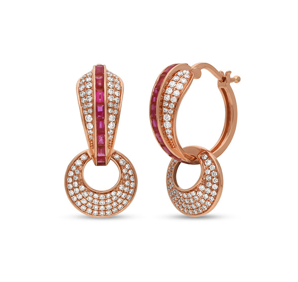 Round Natural Diamond With pink Baguette Rose Gold Hoop Earrings