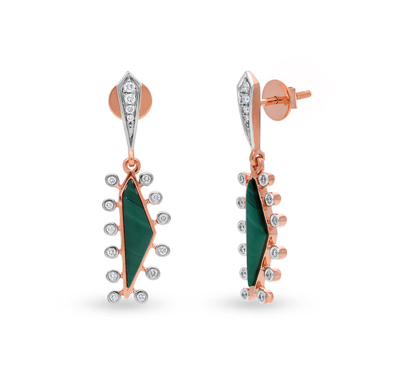 Natural Green Malachite With Round Diamond Bezel Set Rose Gold Earrings