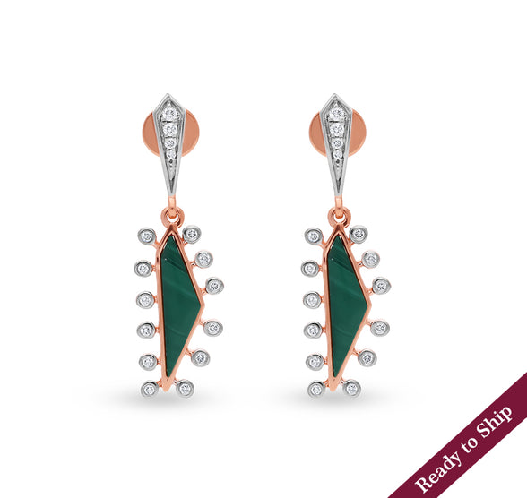 Natural Green Malachite With Round Diamond Bezel Set Rose Gold Earrings