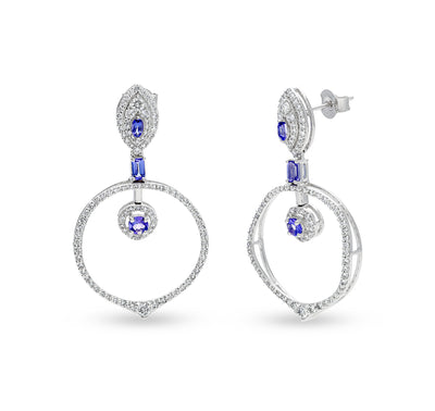 Circle Shape Round Natural Diamond With blue Emerald Stone White Gold Dangle Earrings