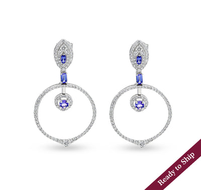 Circle Shape Round Natural Diamond With blue Emerald Stone White Gold Dangle Earrings