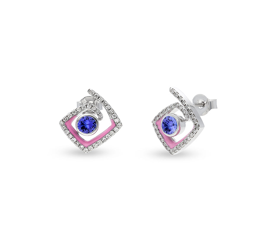 Round Blue Natural Stone With Pink Enamel White Gold Diamond Stud Earrings