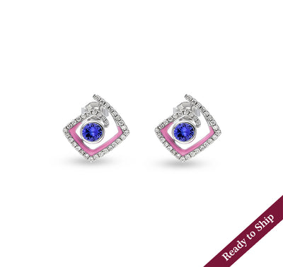 Round Blue Natural Stone With Pink Enamel White Gold Diamond Stud Earrings