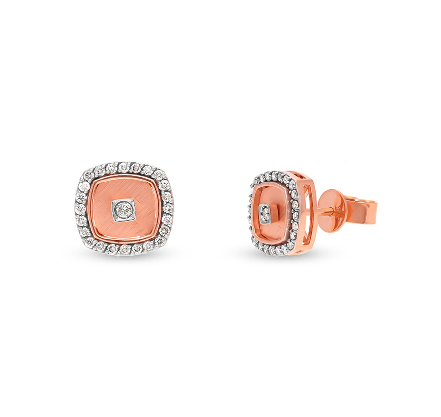 Cushion Shape Round Natural Diamond Rose Gold Stud Earrings