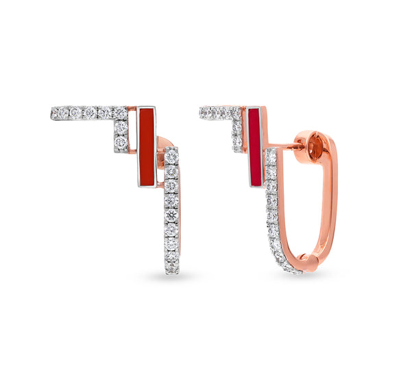 Red Enamel With  Round Cut Natural  Diamond White Gold Hoop Earrings