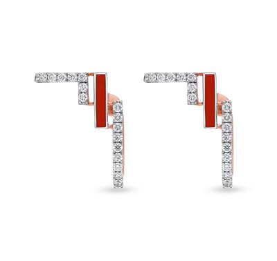 Red Enamel With  Round Natural  Diamond White Gold Women Hoop Earrings