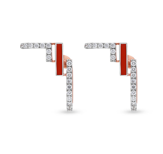 Red Enamel With  Round Natural  Diamond White Gold Women Hoop Earrings