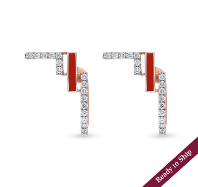 Red Enamel With  Round Cut Natural  Diamond White Gold Hoop Earrings