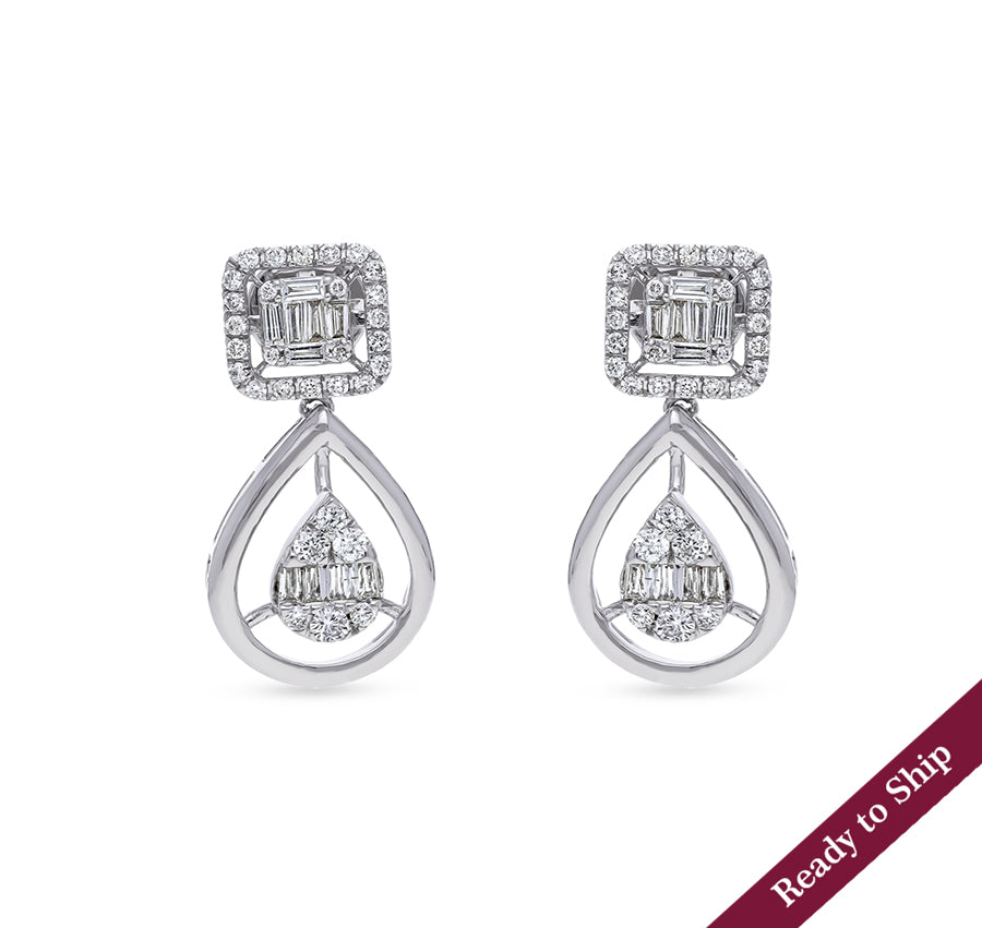 Square Shape Baguette Cut with Round Natural Diamond White Gold Drop Earrings