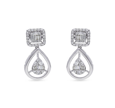 Square Shape Baguette Cut with Round Natural Diamond White Gold Drop Earrings
