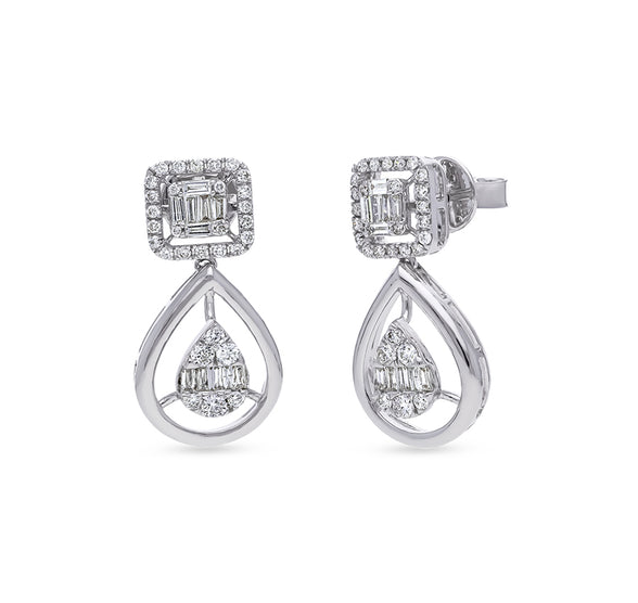 Square Shape Baguette Cut with Round Natural Diamond White Gold Drop Earrings