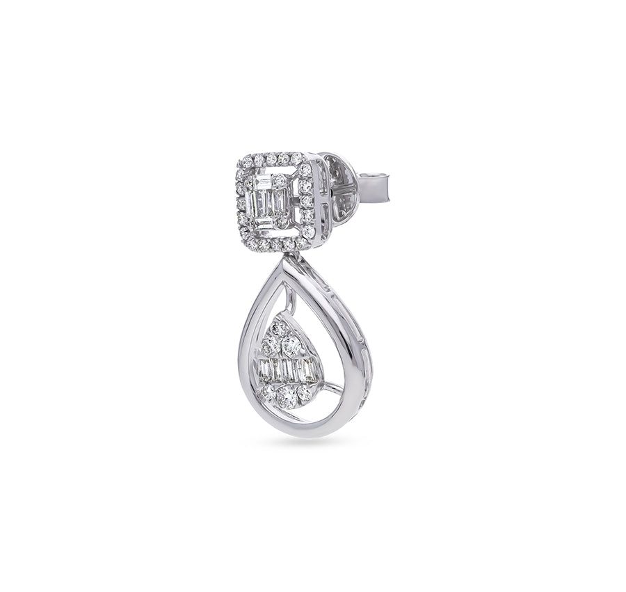 Square Shape Baguette Cut with Round Natural Diamond White Gold Drop Earrings